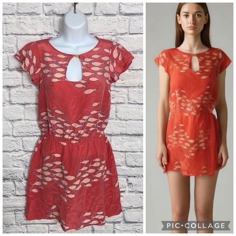 Bianca Coletti Small Coral Silk Flutter Cap Sleeve Fish Print Mini Dress